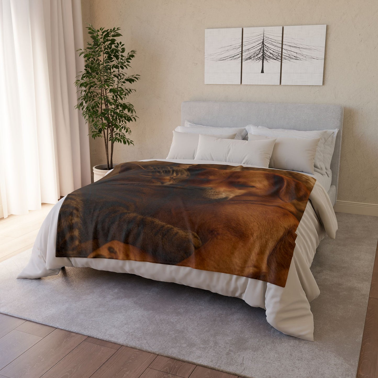 Comfy Pet Lovers Blanket - Cozy Polyester Throw Featuring Sleeping Cat and Dog