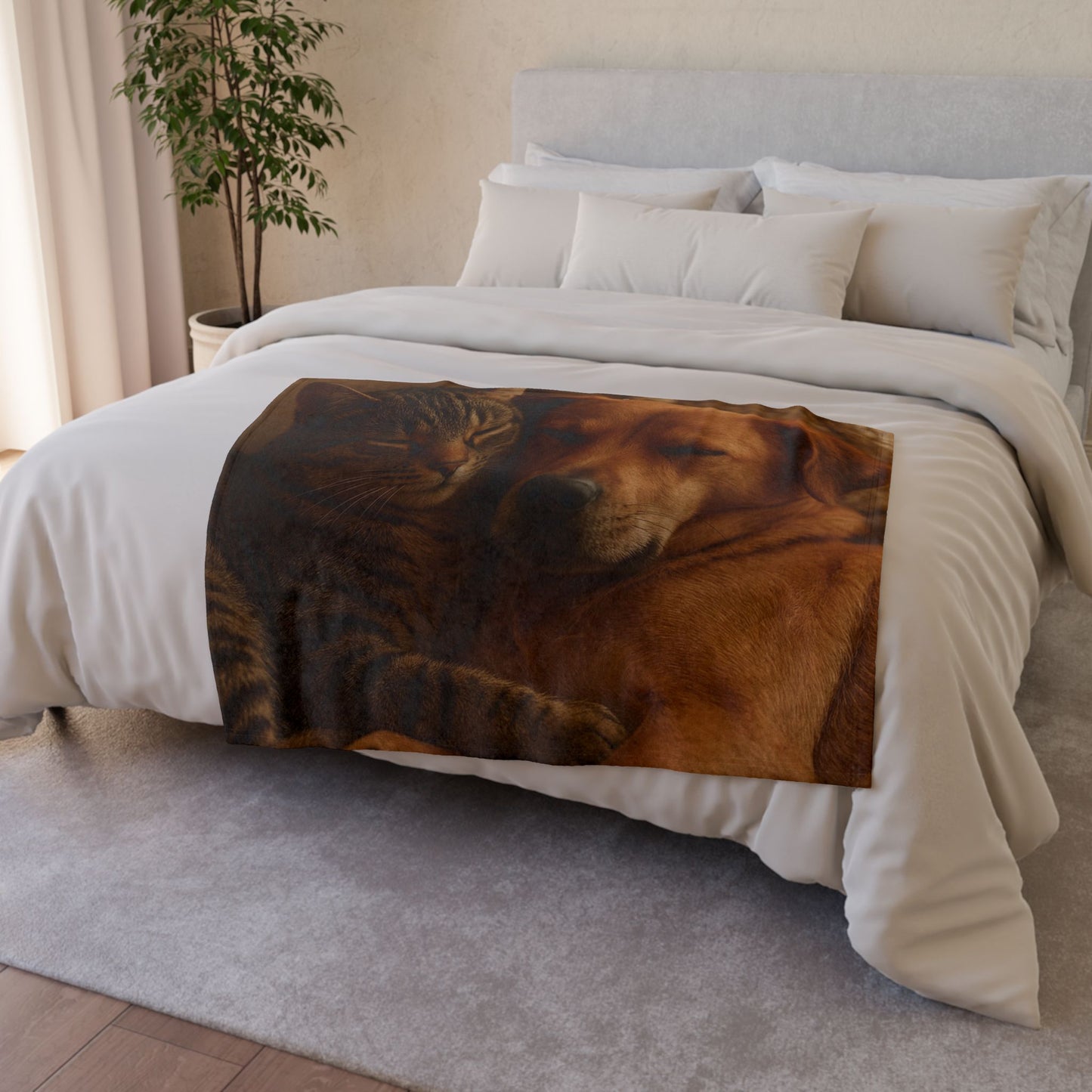 Comfy Pet Lovers Blanket - Cozy Polyester Throw Featuring Sleeping Cat and Dog