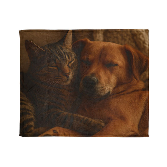 Comfy Pet Lovers Blanket - Cozy Polyester Throw Featuring Sleeping Cat and Dog